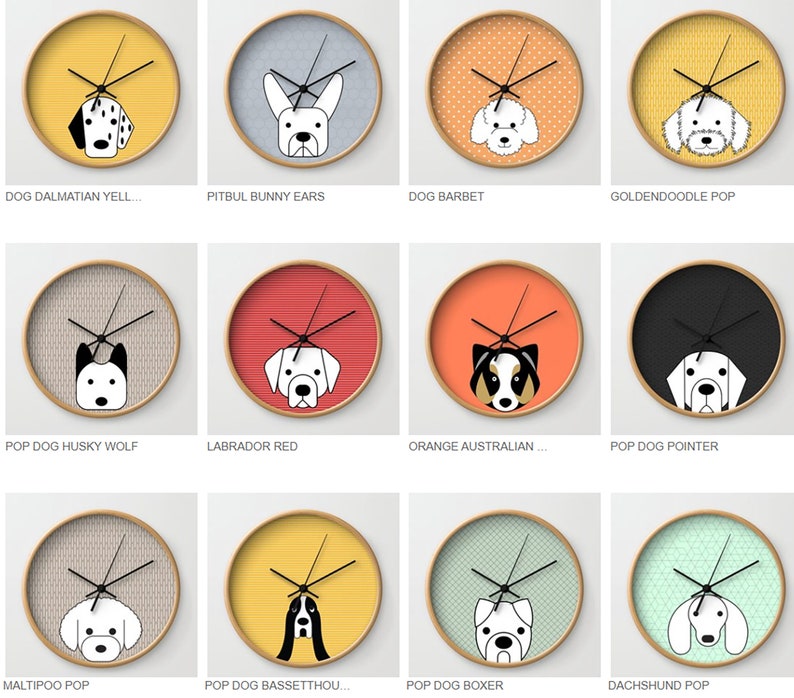 Dogs wall clock dalmatian dog afgan hound chihuahua pug shintzu bassetthound husky boxer poodle pink red yellow green brown taupe image 2