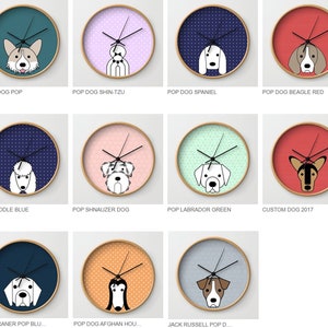 Dogs wall clock dalmatian dog afgan hound chihuahua pug shintzu bassetthound husky boxer poodle pink red yellow green brown taupe image 3