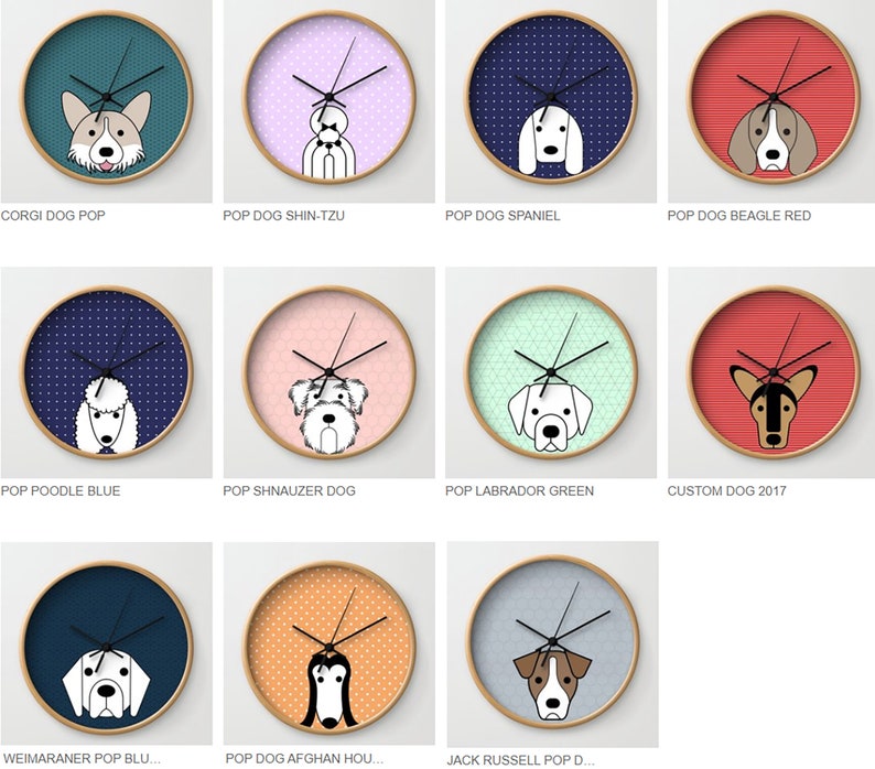 Dogs wall clock dalmatian dog afgan hound chihuahua pug shintzu bassetthound husky boxer poodle pink red yellow green brown taupe image 3