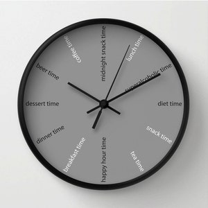 Kitchen wall clock, funny clock with positive message about food habits, modern wall clock image 1