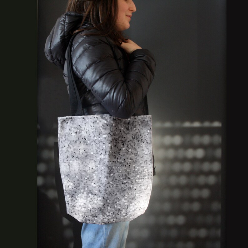 Glitter printed canvas bag silver tote bag shopping bag fashion shoulder bag trendy bag colored totes unique design