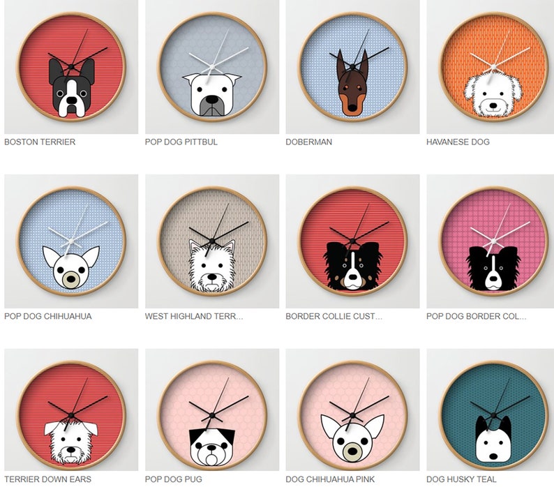 Dogs wall clock dalmatian dog afgan hound chihuahua pug shintzu bassetthound husky boxer poodle pink red yellow green brown taupe image 1