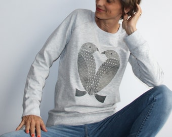 Vögel in der Liebe, anspruchsvolle Sweatshirt, graues Herz, Frau Pullover, Geschenk für sie, S M L XL