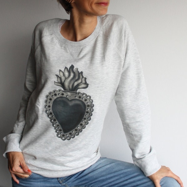 Sacred heart sweatshirt gray pullover for women sweater rock charcoal black tattoo design tshirt