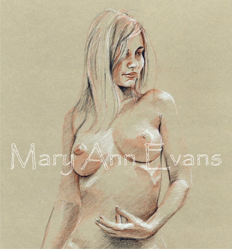 Mary Ann Evans Erotic Female Nude Study MAECP40 MATURE. Print from original conté drawing image 1