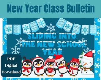 New Year Bulletin Board, Winter Wonderland,  Sliding into Winter Bulletin Board, Snowflake, Penguins, Xmas Party Themed, Winter bulletin