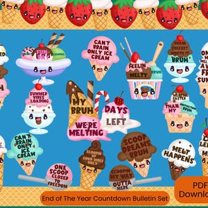 May include: A set of 18 colorful printable ice cream cone bulletin board cutouts with cute faces and phrases like "Brain Freeze Who" and "Scoop Dreams, Bruh".
