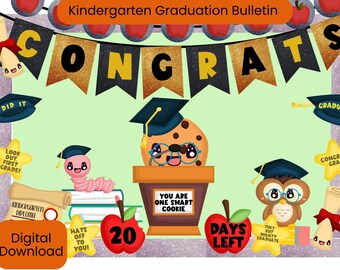 Kindergarten Graduation Bulletin Board Set, Printable Decor & Countdown, Printable Set with Awards,  Countdown, You Are One Smart Cookie