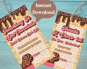 Chocolate Gift Tag Template, Thanks, Thank You, Printable Teacher Appreciation Tag, Chocolate Favor Tag, Instant Download, End of the Year