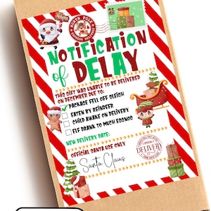 Plantilla de aviso de regalo de Navidad tardío de Papá Noel, tarjeta de regalo faltante, regalo que llega con retraso, regalo que está en camino, DESCARGA INSTANTÁNEA