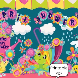 Puede incluir: Un diseño PDF imprimible con una ilustración colorida de una rana sosteniendo un paraguas con flores y una regadera con el texto "Bring May Flowers". El diseño también incluye una pancarta con el texto "April Showers".