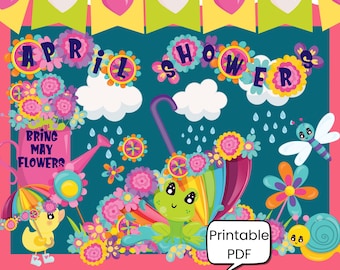 Spring Classroom Bulletin Board Set, April Showers Bring May Flowers, Student Name Tags, Spring Decorations, Printable, Flower Decorations