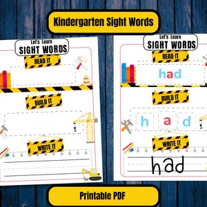 May include: A printable worksheet for kindergarten students to learn the sight word "had". The worksheet features a construction theme with images of a crane, a bulldozer, and a toolbox. The word "had" is presented in three different ways: read it, build it, and write it.