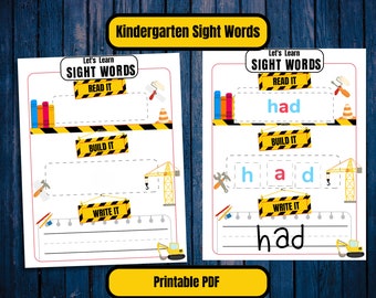 Kindergarten Sight Word Builder, Printable, Preschool Prep, Writing, Spelling Practice, Reading Practice, Teacher Helper, Elementary School