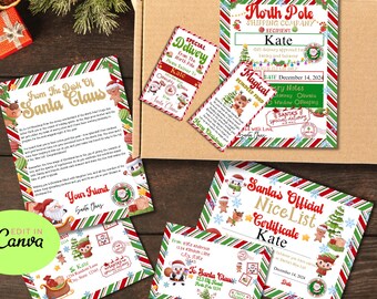 Pode incluir: Uma coleção de artigos de papelaria com tema natalino, incluindo cartas, certificados e etiquetas. Os desenhos apresentam o Papai Noel, renas, elfos e bordas listradas vermelhas e verdes festivas. O texto inclui "From The Desk Of Santa Claus" e "Santa's Official Nice List Certificate".