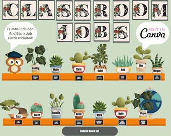 Succulents Classroom Jobs Bulletin Board Set, Editable Bulletin Board, Student Name Tags, Teacher Printable, Plant Classroom Decor