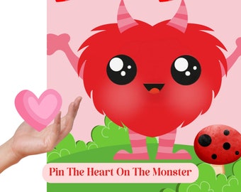 Valentine Day Games for Kids, Pin The Heart on The Monster Valentine Games, Valentines Day Party Games Classroom, Valentines Party Supplies