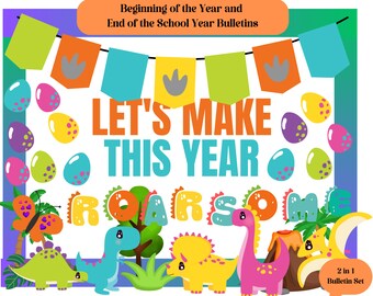 May include: A colourful bulletin board set with a dinosaur theme. The set includes a banner with the text "Let's Make This Year ROARsome" and a variety of dinosaur illustrations, including a green dinosaur, a blue dinosaur, a pink dinosaur, and a yellow dinosaur. The set is designed for use at the beginning or end of the school year.