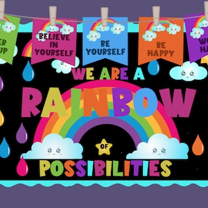 Décoration de tableau d'affichage pour la salle de classe, Inspiration, enseigne décorative murale, Cartes de vœux positives, Style arc-en-ciel, À imprimer pour l'enseignant, Bulletin arc-en-ciel