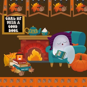 May include: A ghost wearing a purple and blue striped hat is curled up in a blue armchair reading a book titled "Spooky Stories" in front of a fireplace. There is a teapot and a cup of hot chocolate on the mantle above the fireplace. The text "Curl up with a good book" is written on a chalkboard.
