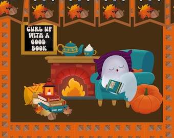 May include: A ghost wearing a purple and blue striped hat is curled up in a blue armchair reading a book titled "Spooky Stories" in front of a fireplace. There is a teapot and a cup of hot chocolate on the mantle above the fireplace. The text "Curl up with a good book" is written on a chalkboard.