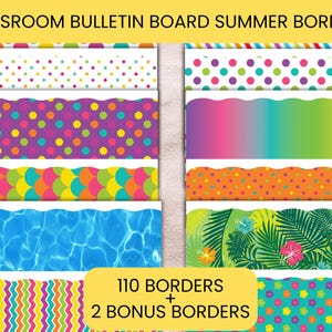 May include: A collection of colorful classroom bulletin board borders with summer themes. Designs include polka dots, waves, tropical leaves, and water patterns. The image includes text that reads "CLASSROOM BULLETIN BOARD SUMMER BORDERS" and "110 BORDERS + 2 BONUS BORDERS."