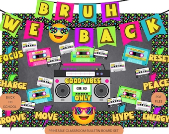 Back to School Bulletin Board Kit, Bruh We Back Printable Classroom Decor, Cassette Mood Tracker, Student Check-In Display, PDF Download