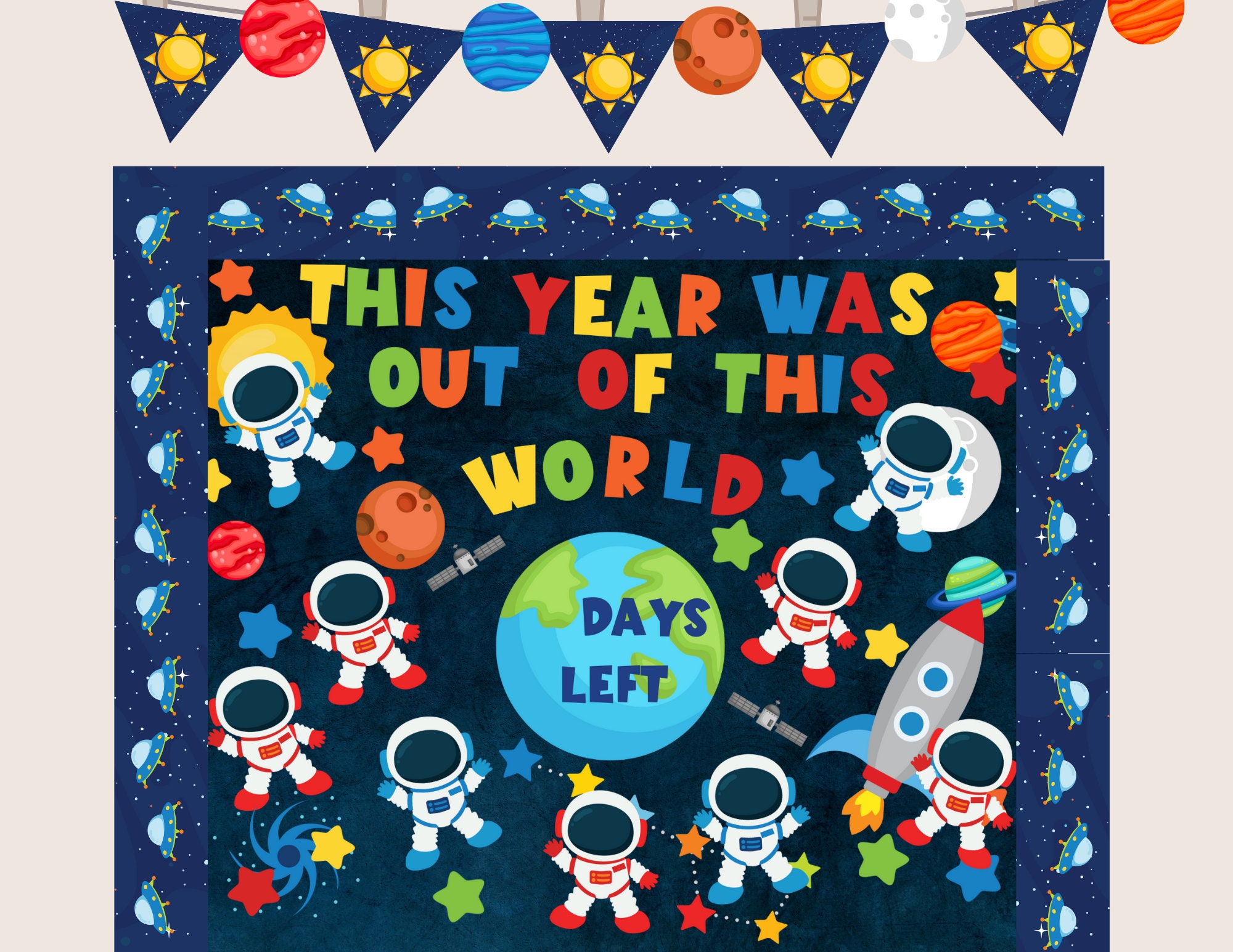 Summer Classroom Bulletin board, Summer countdown bulletin, teacher printable, Space classroom decor, colorful class decor, Bulletin Set