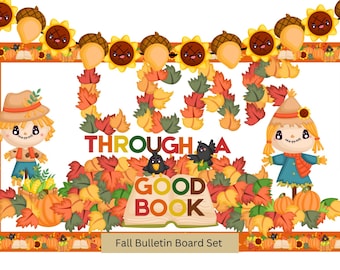 May include: Fall bulletin board set with the words "Leap Through a Good Book" surrounded by colorful leaves, pumpkins, and scarecrows.