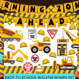 Construction Themed Back to School Bulletin Board, Printable Classroom Decor, Subject Labels, Goals Area, Welcome Sign, Student Name Tags