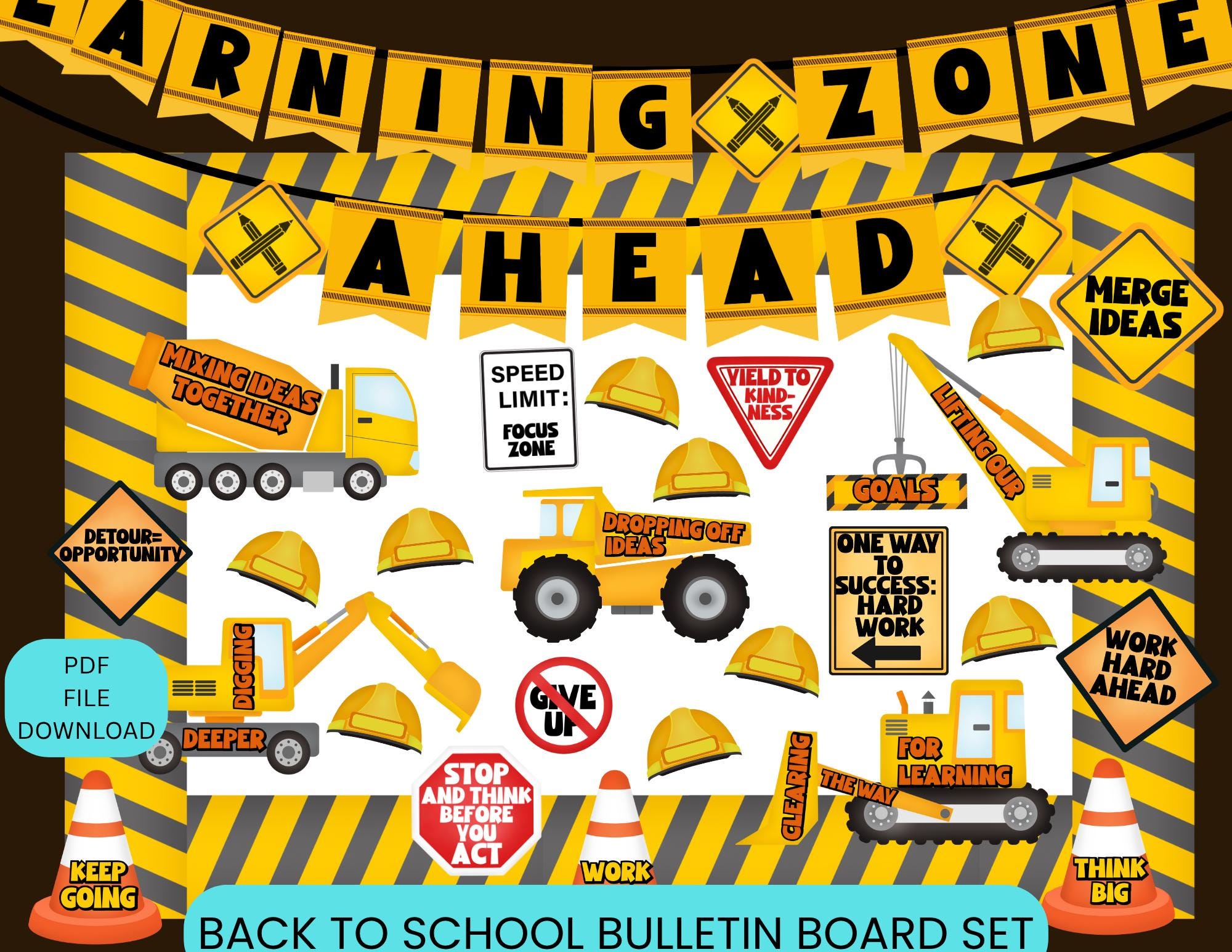 Construction Themed Back to School Bulletin Board, Printable Classroom Decor, Subject Labels, Goals Area, Welcome Sign, Student Name Tags