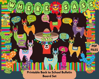 Llama Classroom Bulletin Board Set, Back to School Decor, Printable PDF, Cactus Theme, Fun Teacher Door Display, Llama bulletin board