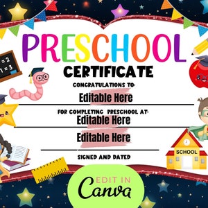 Certificado de graduación preescolar editable, imprimible para maestros, certificado de graduación preescolar, certificado de estudiante, recompensa, diploma preescolar