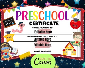 Editable Preschool Graduation Certificate, Teacher printable, Preschool Graduation, Student certificate, Reward, Preschool Diploma