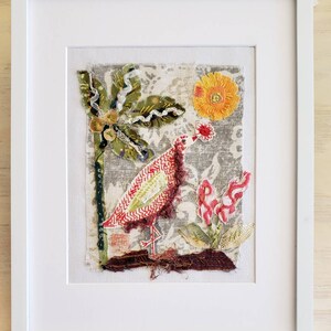 Aloha Kiwi, A Sashiko Style, Mounted and Framed Fiber Art Collage