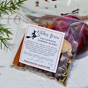 Puede incluir: Una mezcla para hervir a fuego lento de Halloween en una bolsa transparente, con palitos de canela, especias y rodajas de manzana deshidratadas. La etiqueta dice "Witches Brew" con instrucciones e ingredientes. Un cuenco de vidrio con ingredientes hirviendo y vegetación fresca en el fondo.