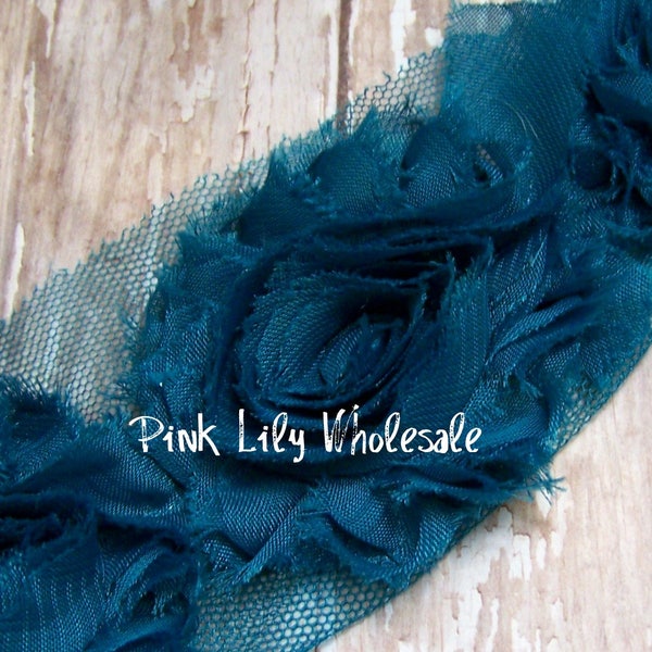 SIX Deep Peacock Blue Shabby Flowers - DIY Headbands - Rose Mesh Trim - Shabby Flower Trim - Shabby Chic - Flower Trim - Wholesale Flower