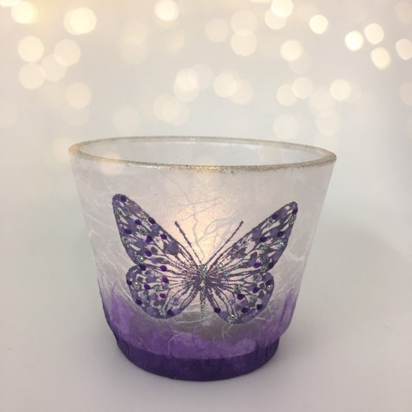 Butterfly Tea Light Holder. Gift Idea .Strawsilk Glass.