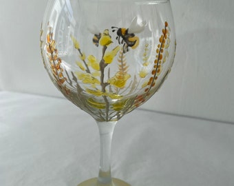 Busy Bees and Meadow Flowers. Hand painted unique Gin Glass. Gin Lovers Gift.