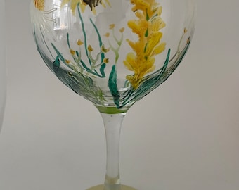 Busy Bees and meadow flowers. Unique hand painted Gin glass. Gin lovers gift.