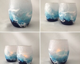 Stormy Seas Tea Light Candle Holder. Strawsilk Glass.