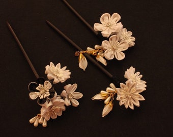 Bridal Acrylic Two-Prang Hair Fork Comb Stick with Painted Sakura Cherry Blossom