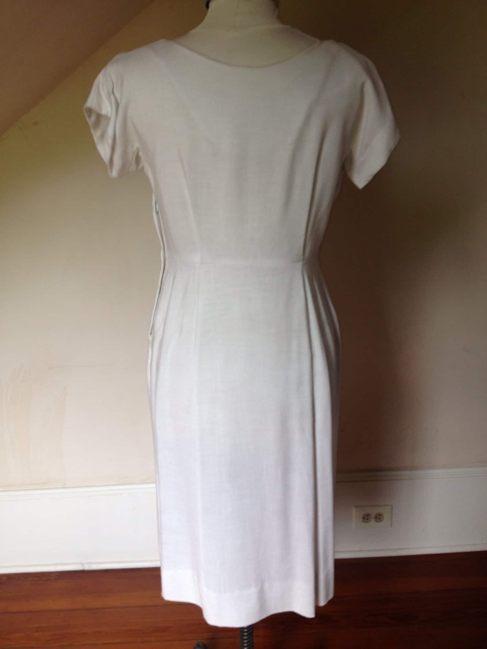 1960's White Linen Cocktail Dress w/ Beading Etsy