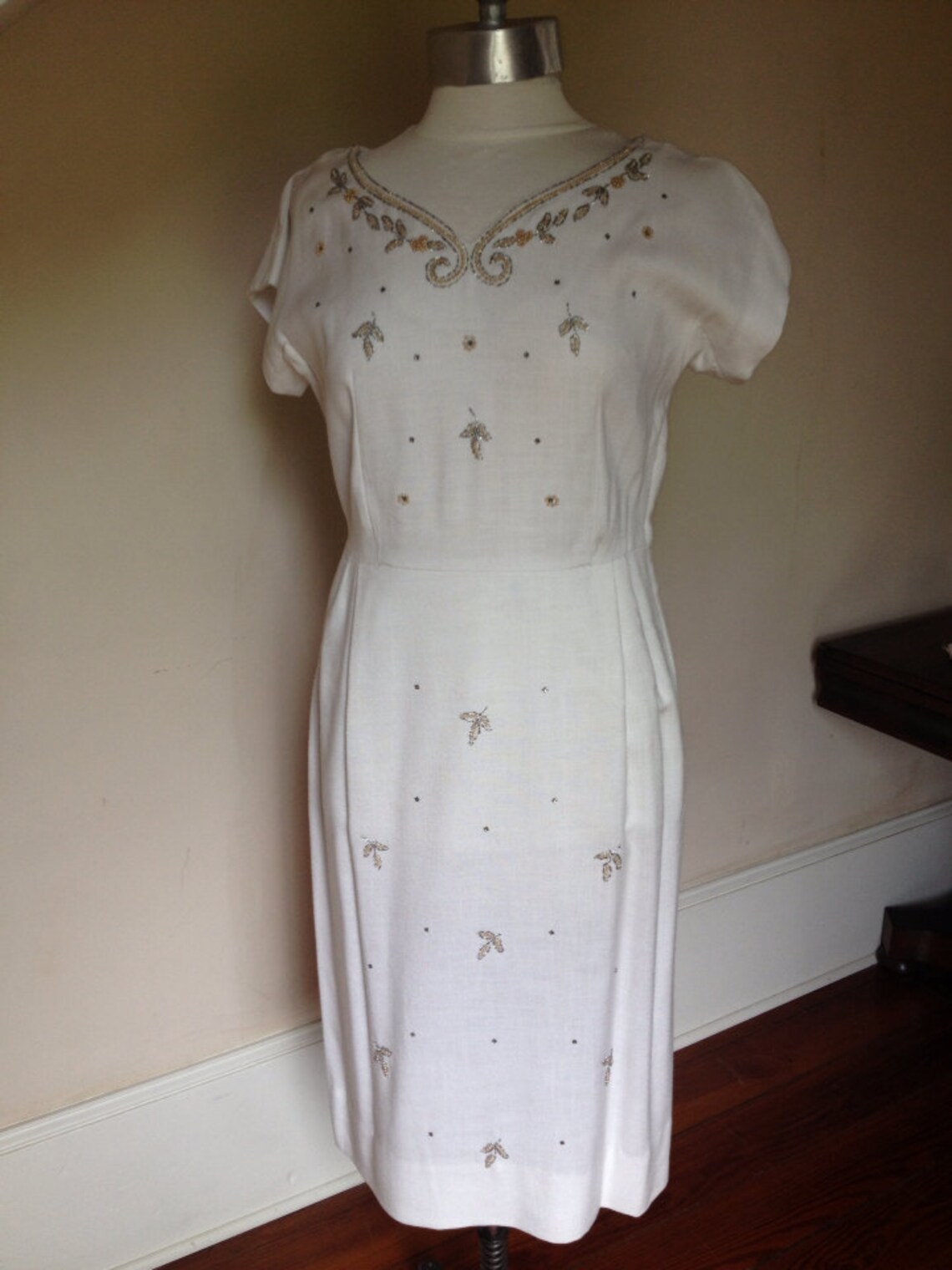 1960's White Linen Cocktail Dress w/ Beading Etsy