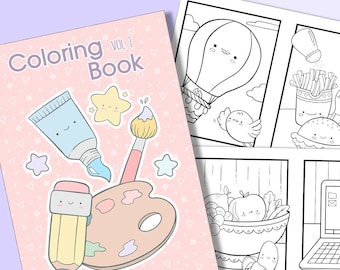 Kolorowanka cyfrowa do druku Tom 1 - Ilustracje Kawaii, Sztuka dla dzieci, Słodkie kolorowanki, Grafika liniowa
