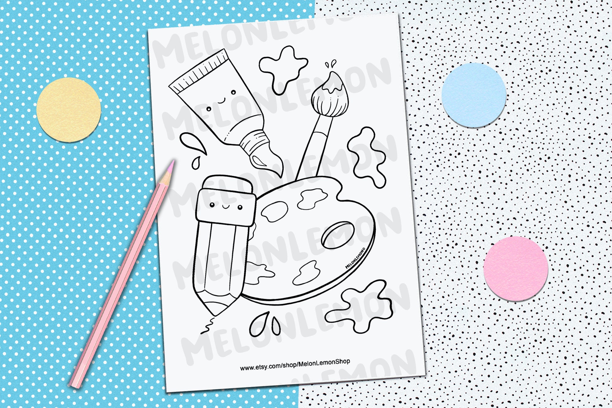 PRINTABLE COLORING PAGE Art Drawing Tools Paint Palette Kawaii
