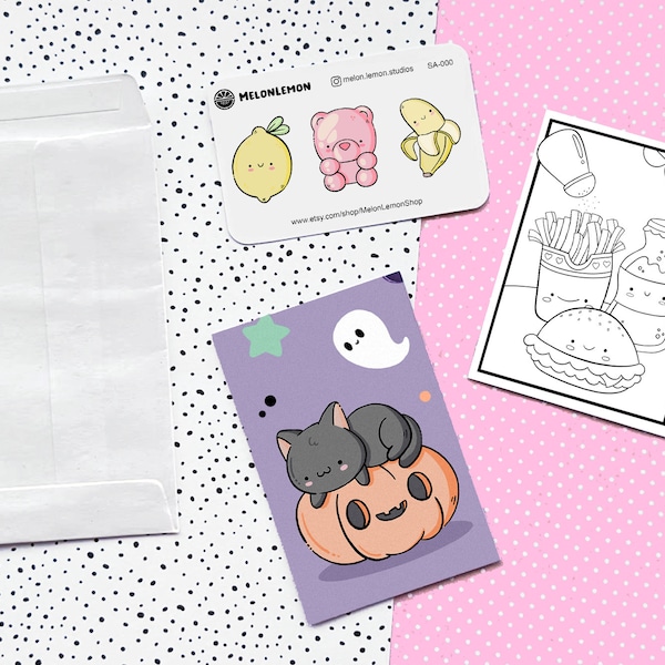 MINI SAMPLE PACK - Kawaii Stationery Samples Bundle - Stickers, bookmark, coloring page material kit