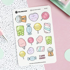 CANDY Kawaii Sticker Bogen zum Dekorieren von Agenda, Tagebuch, Bullet Journal, Scrapbook - Niedliche Illustrationen