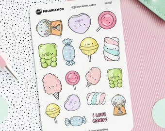 CANDY Kawaii Sticker Sheet for decorating Agenda, Diary, Bullet Journal, Scrapbook - Cute Illustrations