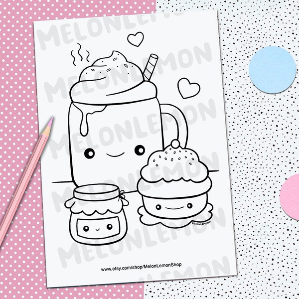 PRINTABLE COLORING PAGE Hot Cocoa Muffin Jam - Sweet Kawaii Illustrations, Kids Art, Cute Coloring pages, Line Art